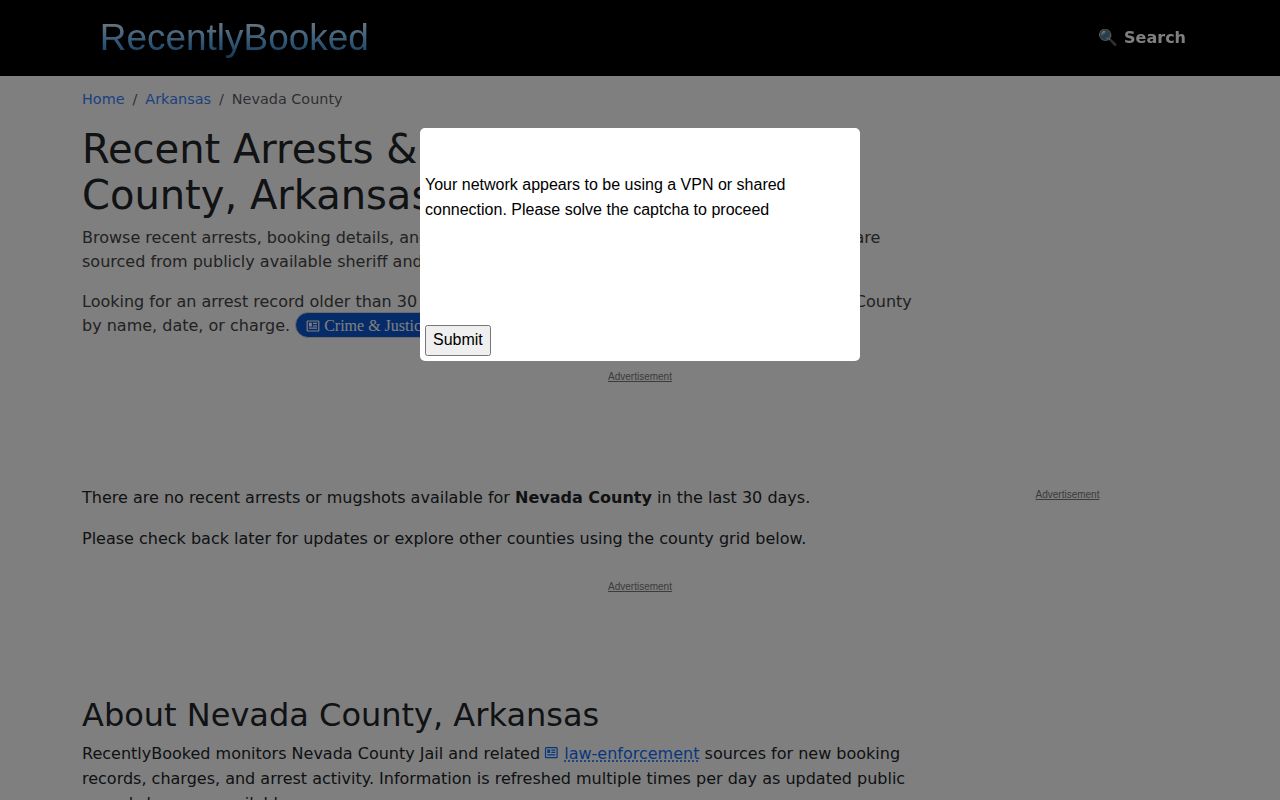Unofficial Nevada County booking record page with no recent mugshots