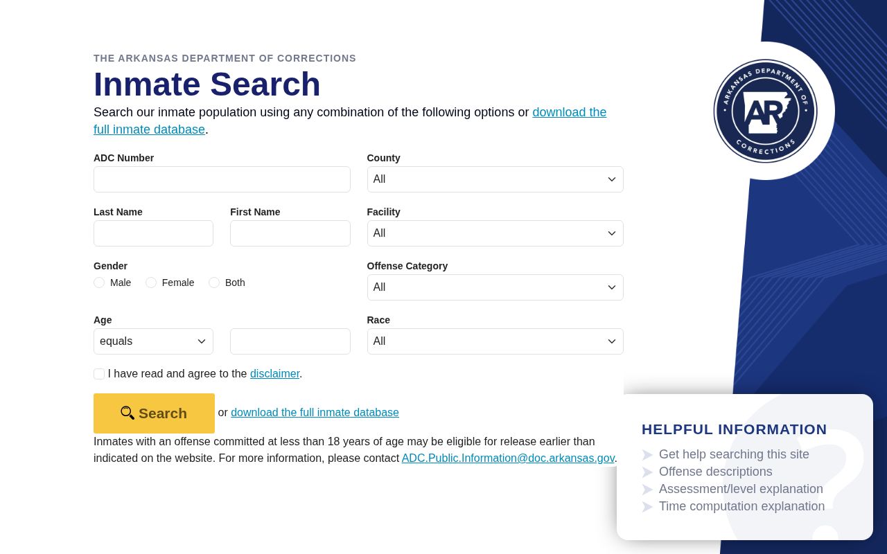 Arkansas ADC offender search for Nevada County custody records